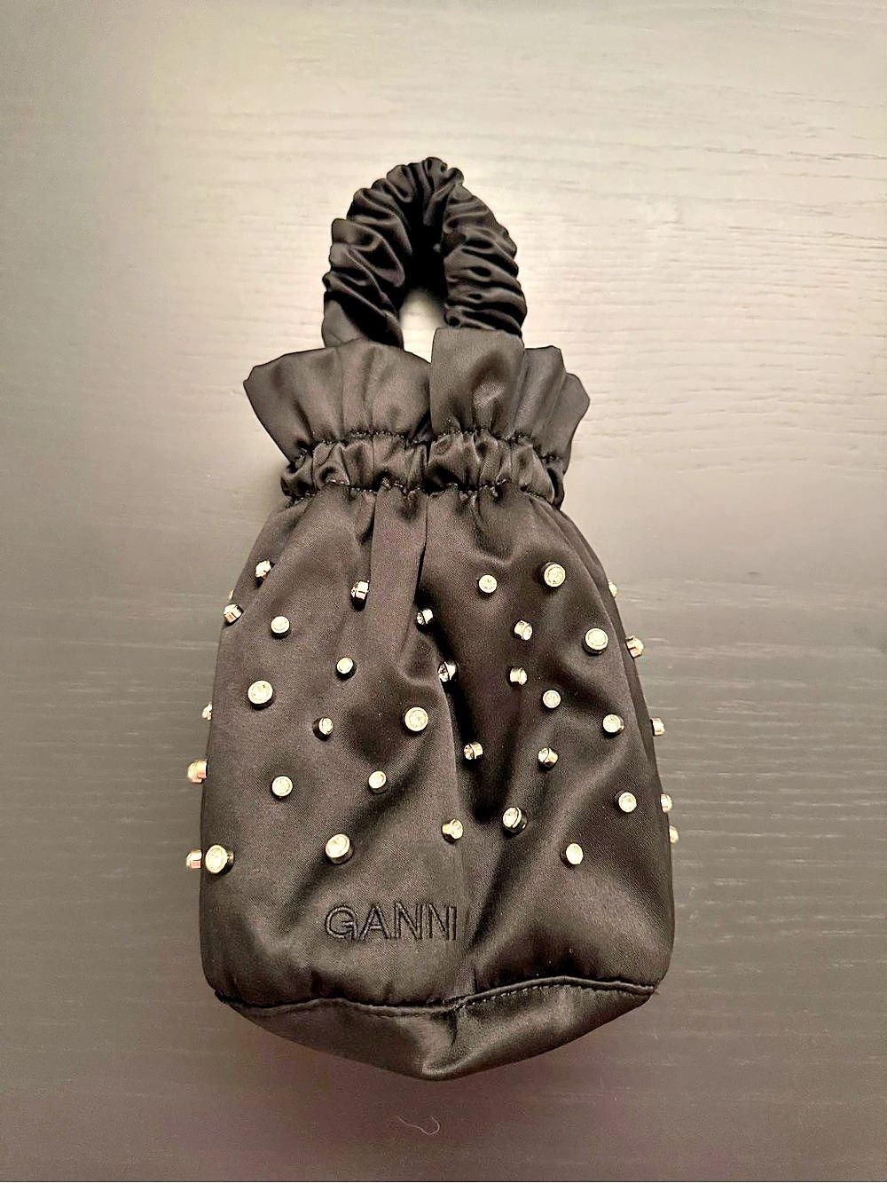 GANNI black satin rhinestone Pouch Bag
